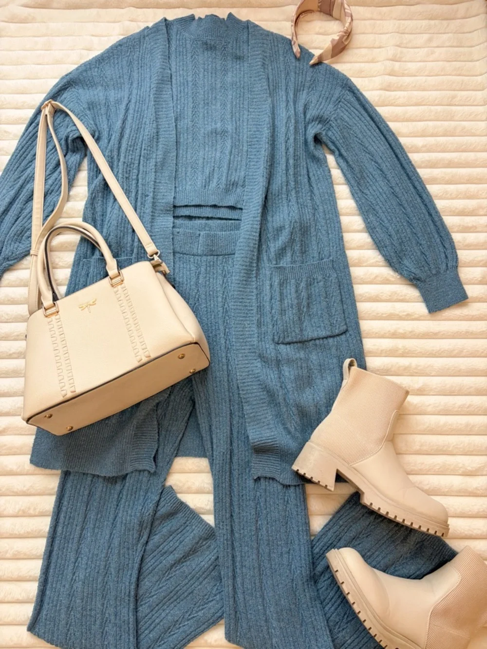 Cozy Blue Knit Lounge Outfit Bundle | Cardigan Set w/ Cream Boots & Bag - Picture 1 of 9